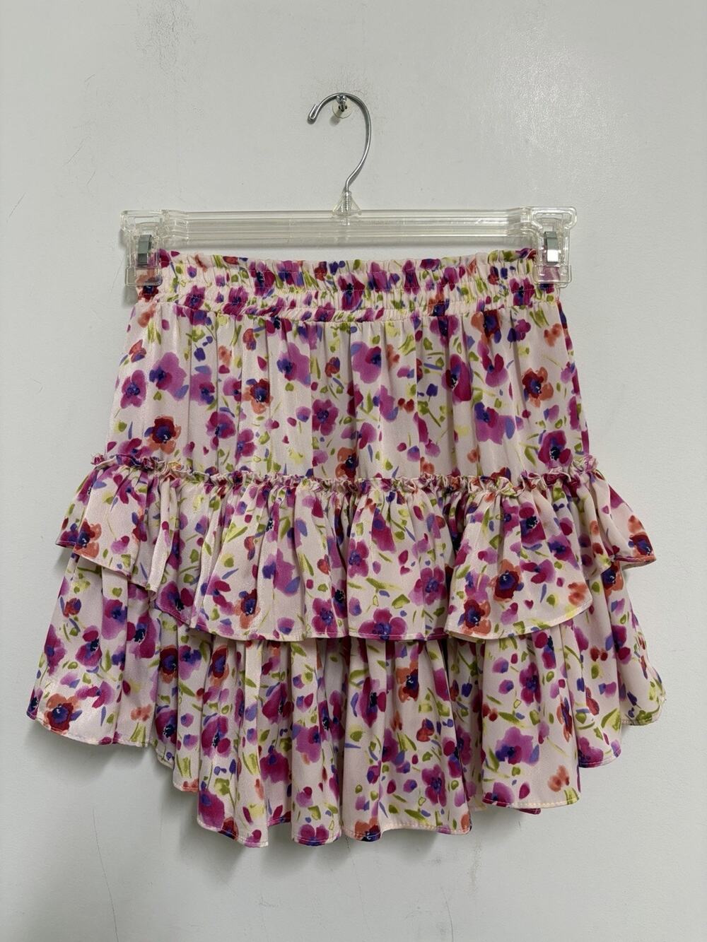 Misa Los Angeles Floral Mini Skirt Tiered Ruffle Pink Feminine Girly Small USA